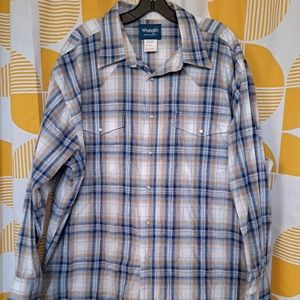 Mens Vintage Wrangler Brown/ Blue Plaid Pearl Snap Shirt XXL